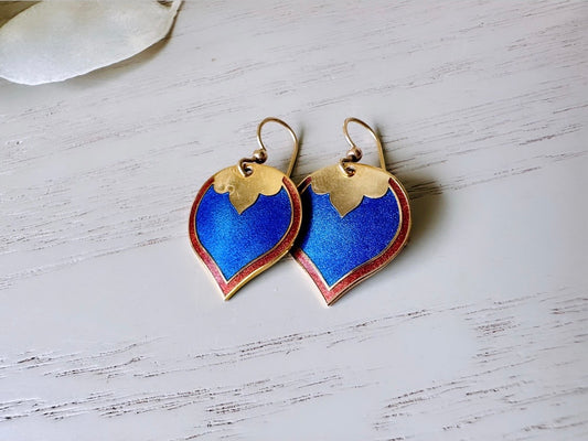 Vintage Cobalt Blue Skye Earrings, Gold Plated  1980s Vintage Earrings, Small Gold Enamel Teardrop Earrings, Pretty Blue and Brown Jewelry