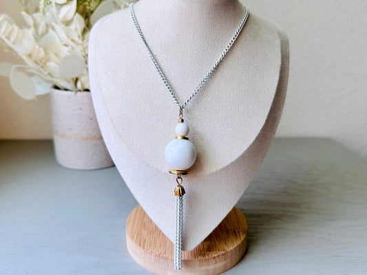 Vintage White Tassel Necklace, 1970s Vintage Matte White Enameled Gold Chain Necklace with Sphere Pendant with Tassels, Great For Layering