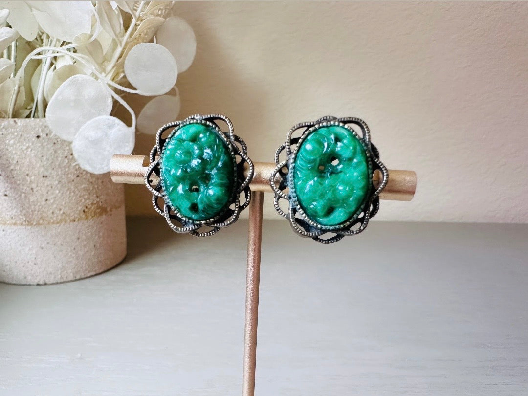 Green Vintage Earrings, Faux Carved Jade 1960s Clip On Earrings, Green Cabochon Earrings in Antique Bronze Filigree Cameo Earrings