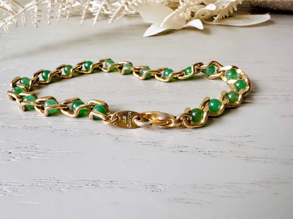 Vintage Jade Gold Link Bracelet, Green and Gold Bracelet, VTG 8" Bracelet, Gold Chain Delicate Gemstone Bracelet, Designer Vintage Jewelry