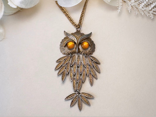 Gold Owl Pendant Necklace, Vintage 1970s Articulated Statement Necklace