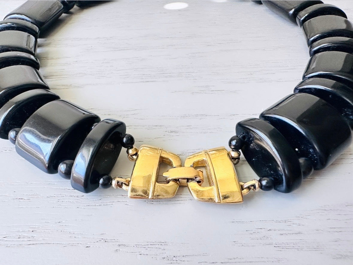 Vintage Black Monet Necklace, Runway Couture Jet Black Lucite Beaded Necklace w Stunning Gold Clasp, Rare Signed Designer Vintage Necklace