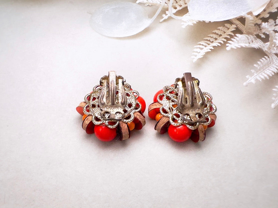 Vintage Japanese Earrings, Colorful 60s Earrings in Red + Orange with Wood and Sequins, Beaded Clip On Earrings