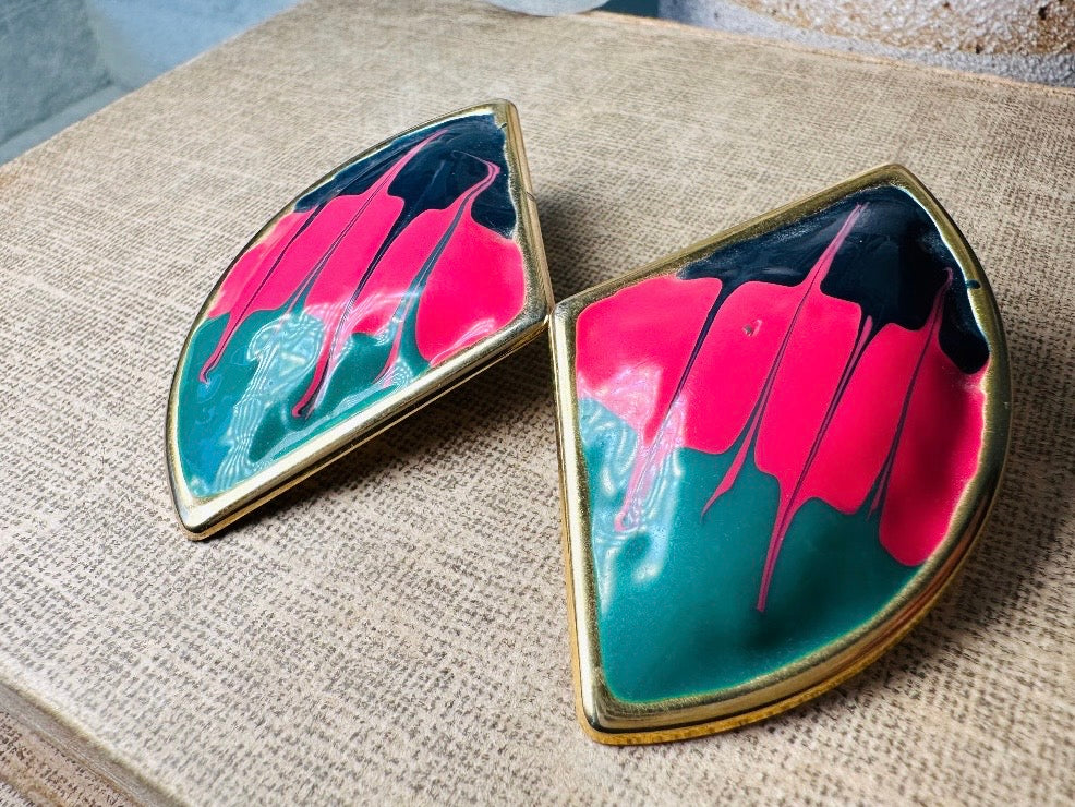 1980s Painted Abstract Earrings, Pink Teal Black and Gold Unique Colorful Paint Splatter Earrings, 80s Drip Enamel Pierced Statement Earring