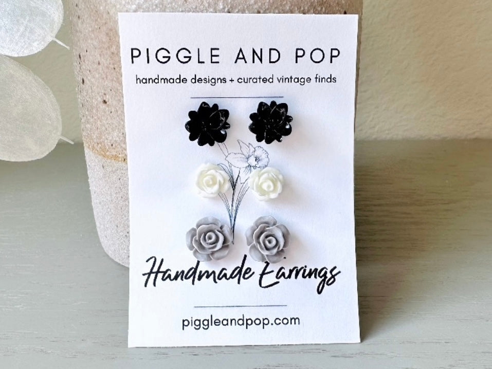 Black White Grey Flower Stud Earrings Set, Small Resin Flower Earrings, Monochrome Post Earrings, Matte and Glossy Black and White Earring Stud Set FSE3