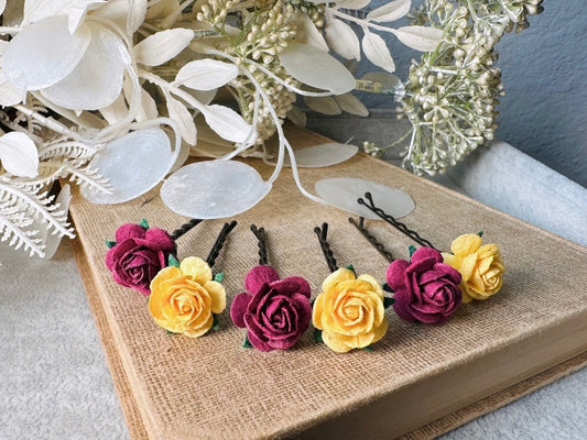 Rose Hair Pins in Marigold Yellow & Plum Wine, Paper Rose Bobby Pin, Floral Hair Accessories, Handmade Flower HairPins for Wedding Prom Hair from Piggle and Pop