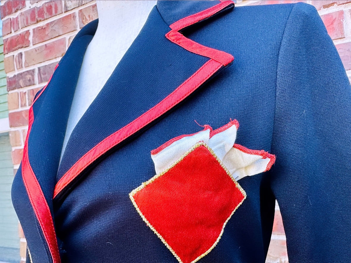 Vintage 1970s Blazer, Authentic Vintage Jacket, Awesome Black Blazer Red and Cream Harlequin Detail, Faux Pocket Square, Groovy Big Collar at Piggle and Pop