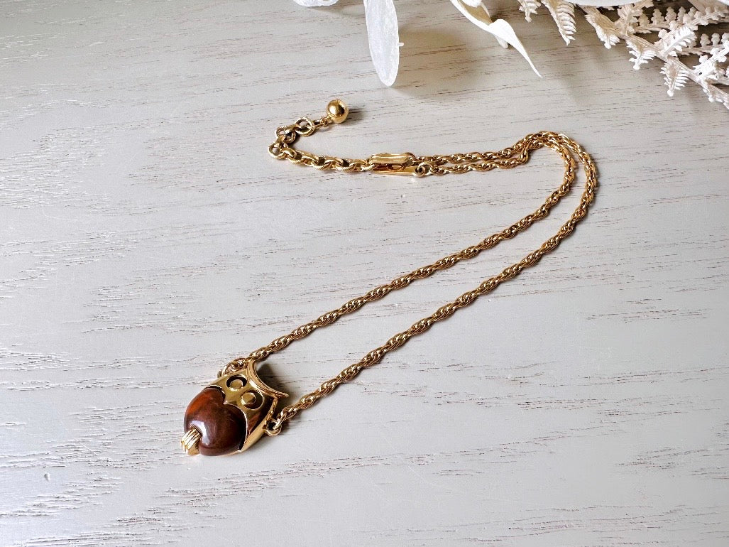 Trifari Jelly Belly Owl Necklace, Rare Signed Vintage Owl Trifari Necklace, Brown Lucite Owl Choker, 1960s Crown Trifari Necklace