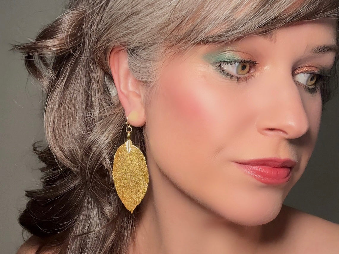 Gold Leaf Earrings, Handmade 14kt Gold Real Leaf Dangle Earrings