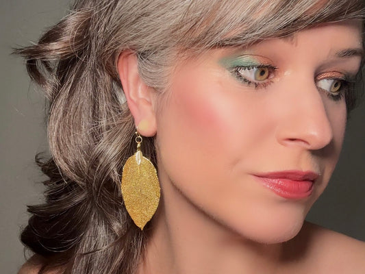 Gold Leaf Earrings, Handmade 14kt Gold Real Leaf Dangle Earrings