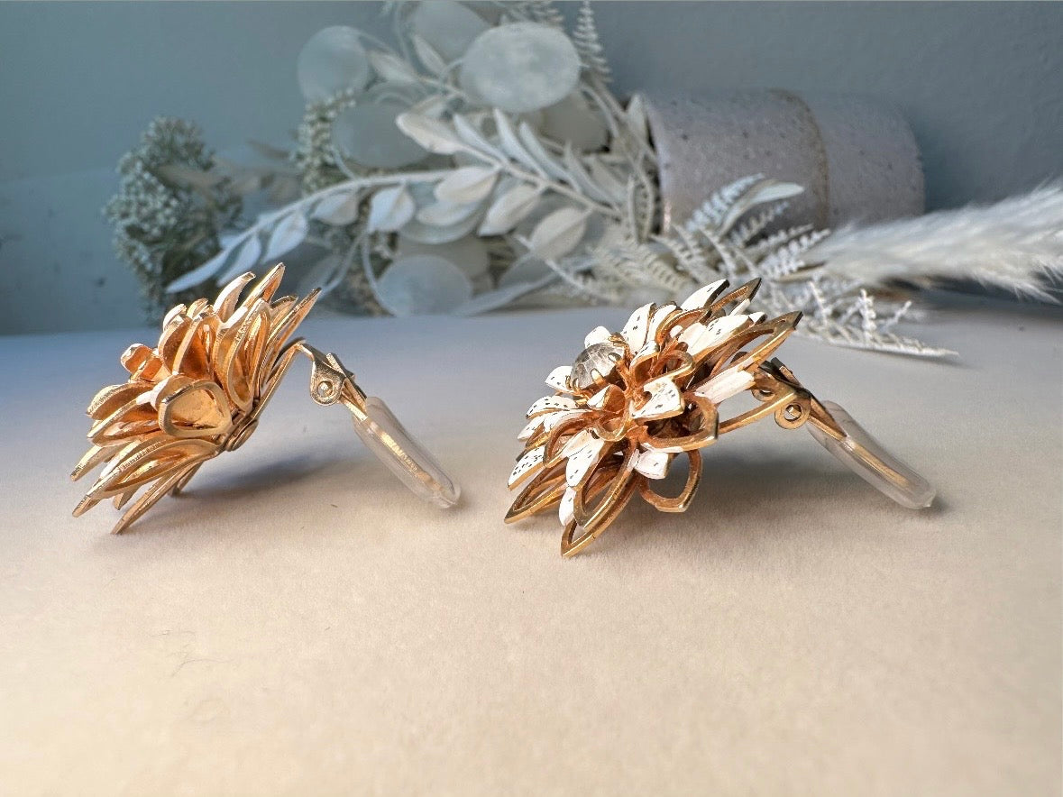 Vintage White Earrings, Floral White and Gold Clip On Earrings, Gorgeous Vintage 1960s Flower Earrings with Silver Glitter Rhinestone