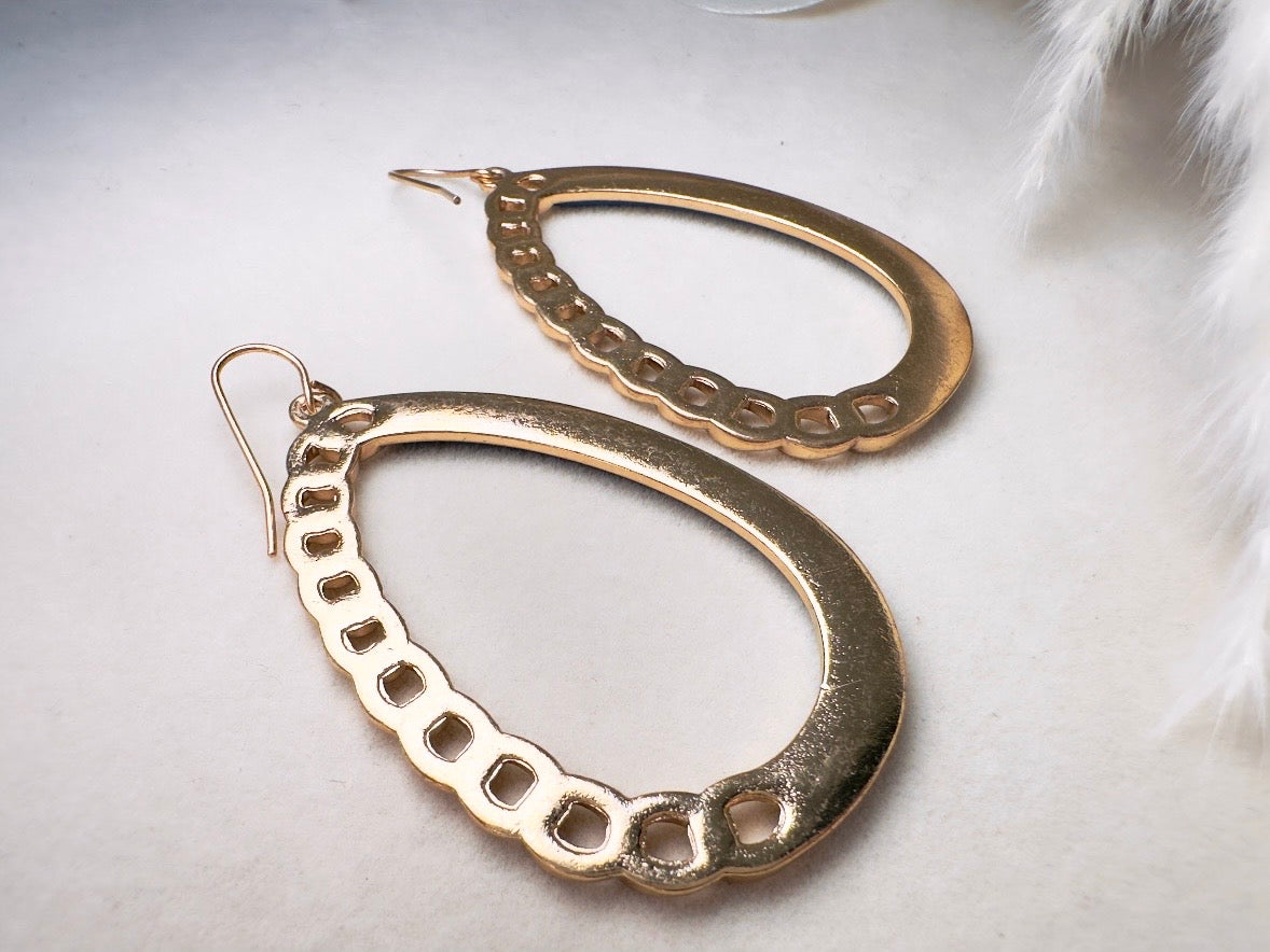 Teardrop Hoop Earrings with Blue Enamel and Gold Chain, Unique 80s Vintage Drop Earrings
