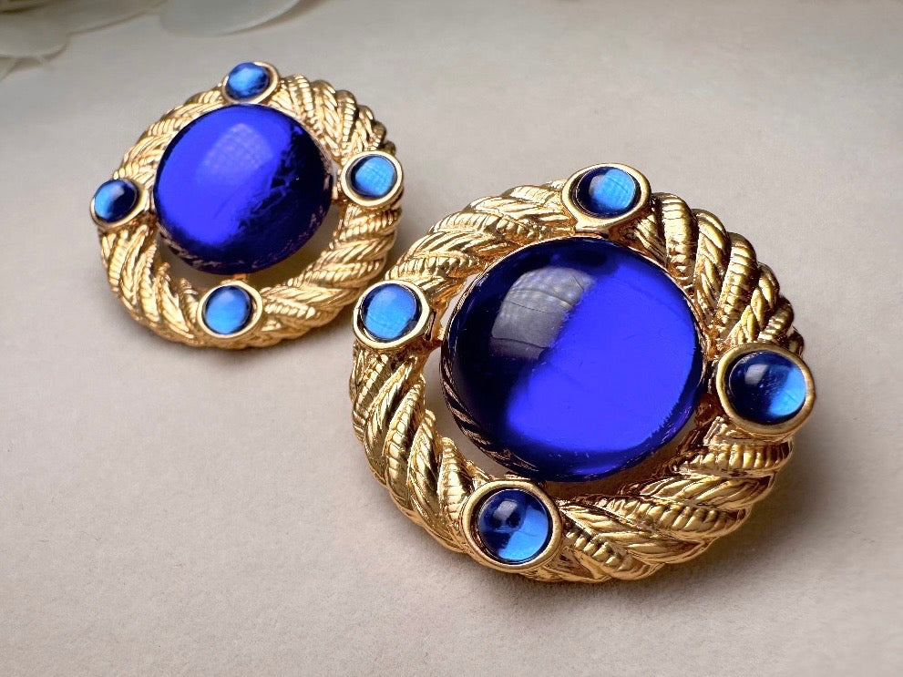 Cobalt Blue Gold Rope Earrings, Vintage Park Lane Earrings with Deep Blue Glowing Cabochons