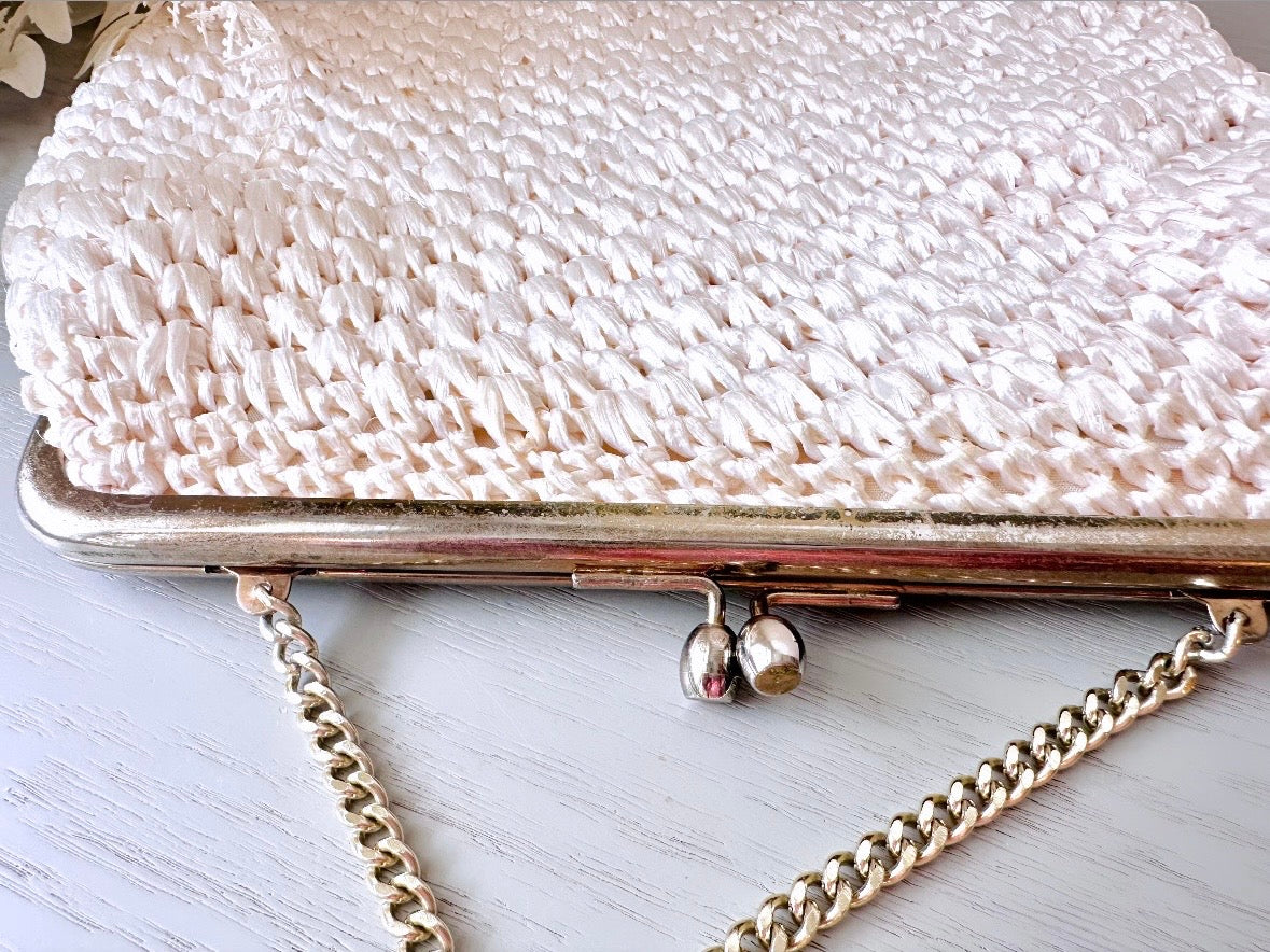 Cream Raffia Handbag, 1960s Clutch Purse, Made in Japan Vintage Bara Bag w Wrist Strap, Cute Vintage Purse, Shiny Ecru Woven Straw Handbag