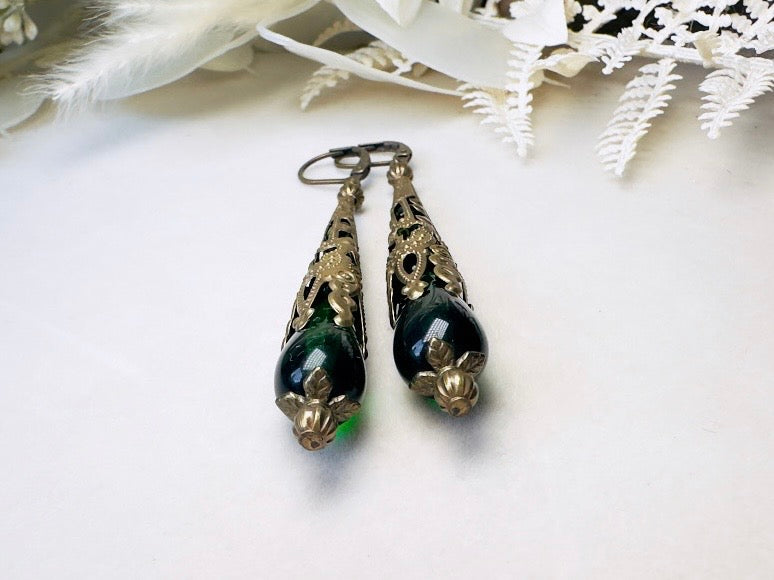 Green Teardrop Earrings, Handmade Renaissance Jewelry with Victorian Filigree, Romantic Gothic Long Beaded Crystal Dangle Earrings