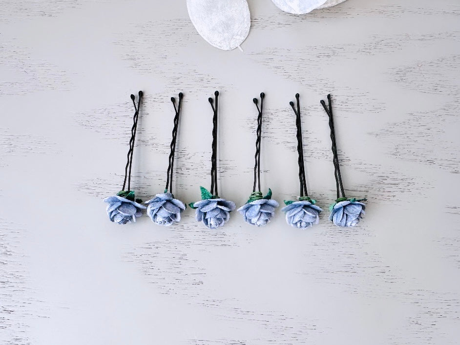 Dark Grey Rose Hair Pin Set, 6 Handmade Paper Flower Bobby Pins in Beautiful Deep Gray, Timeless Bridal Hair Accessories for Floral Wedding MPR6