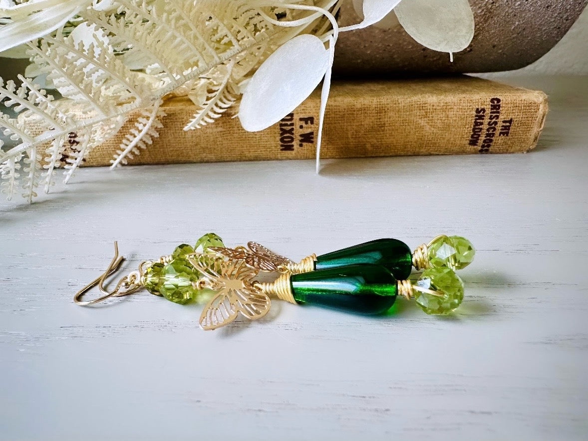 Green Butterfly Earrings, Bridgerton Inspired Handmade 14k Gold Filigree Butterfly Green Crystal Dangle Earrings, Woodland Whimsical Earring by Piggle and Pop