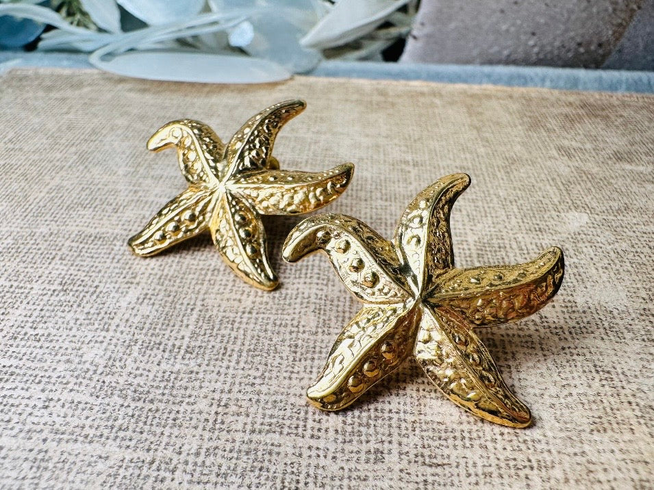 Gold Starfish Earrings, Vintage Starfish Post Earrings, Cute Beachy Mermaid Jewelry, Nautical Pierced Summer Earrings