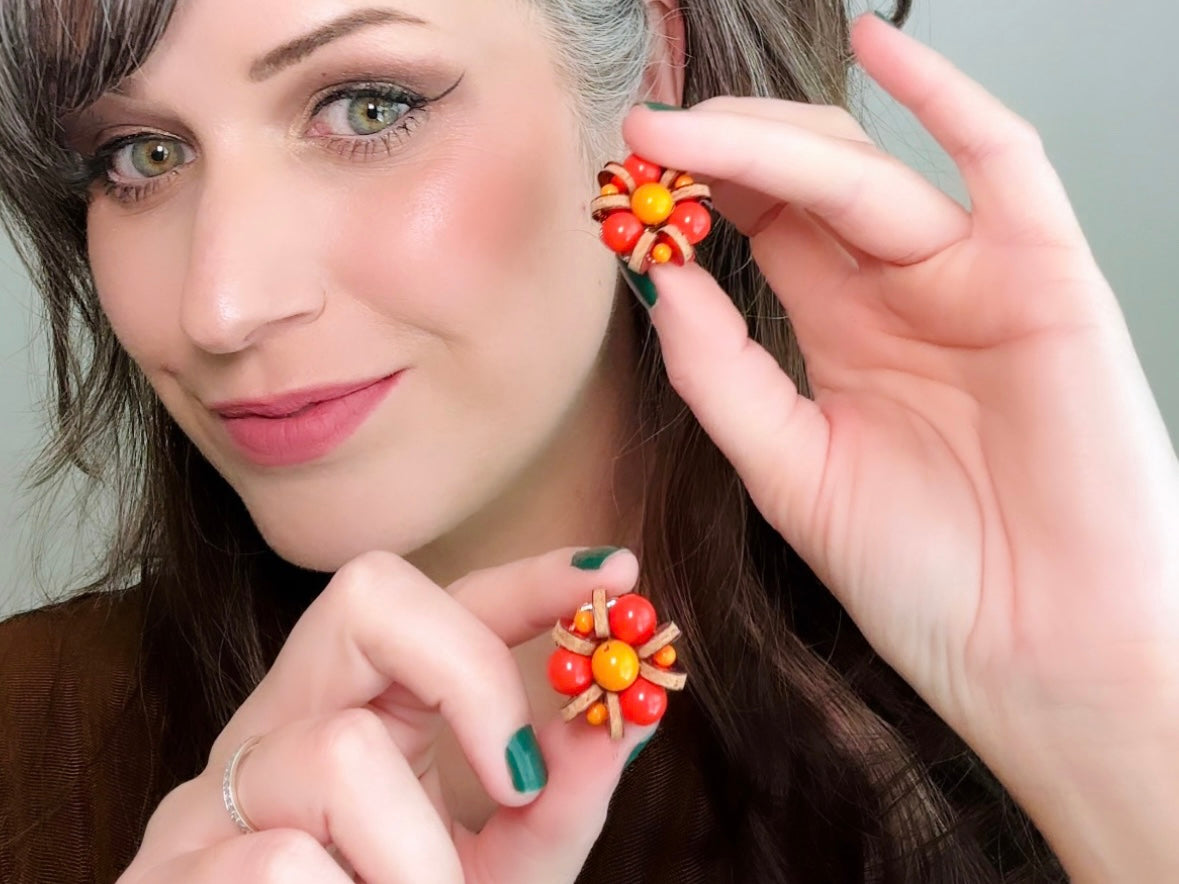 Vibrant 1960s Earrings, Red + Orange Vintage Beaded Clip On Earrings, Japanese Earrings w Wood Discs and Rhinestones, Authentic 60s Earrings