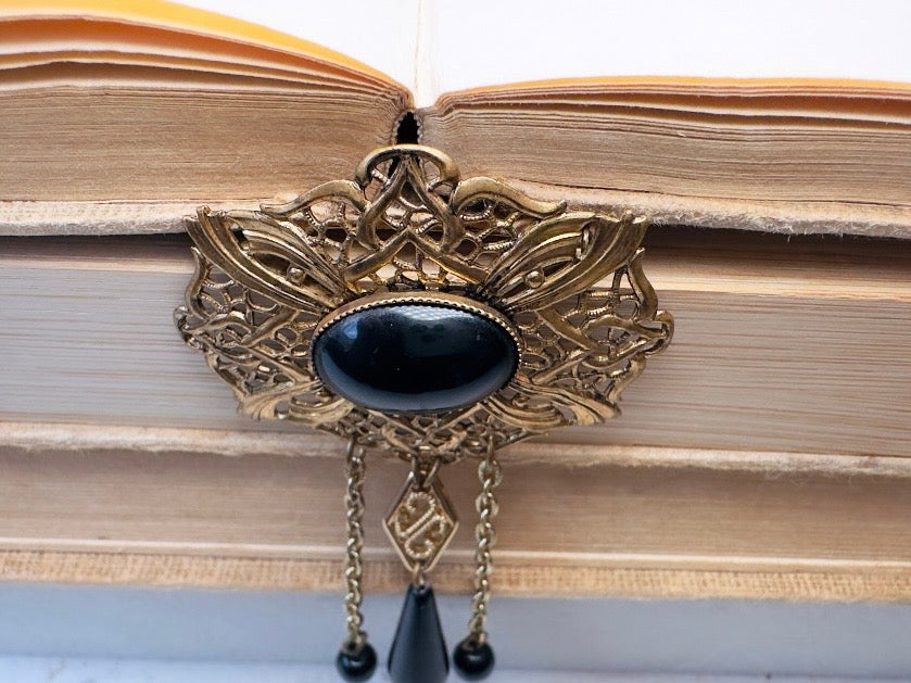 Black Victorian Brooch, Antique Filigree Pin with Black Cameo & Chain Tassels  Romantic Victorian Revival Jewelry