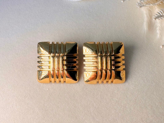 Vintage Monet Earrings, Big Gold Square Earrings, Vintage 80s Monet Clip On Earrings, 1980s Large Gold Puffy Square Geometric Earrings