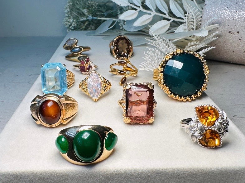 Vintage Cocktail Ring, 1973 Twilight Faux Amethyst Emerald Cut Ring