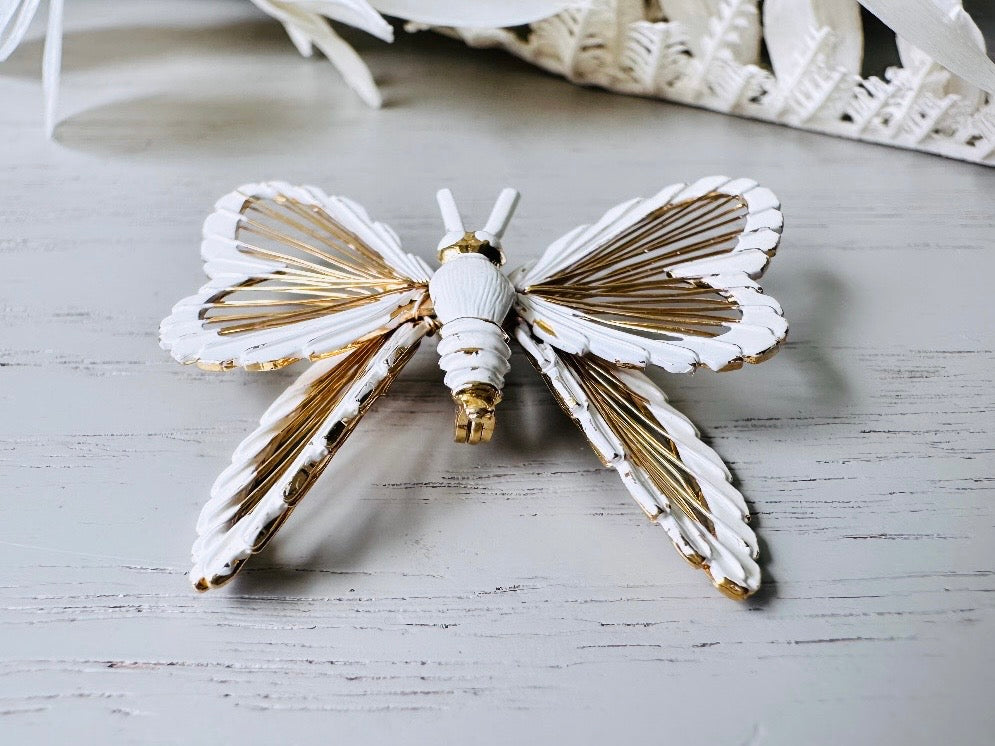 Vintage Butterfly Brooch, Signed Monet Vintage Brooch, Beautiful Gold and White Enamel, Elegant Butterfly Broach, Spring Wedding Fashion