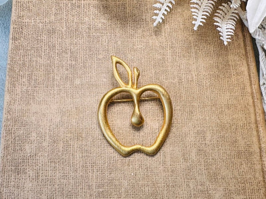 Gold Apple Brooch, Whimsical Vintage Brushed Gold Brooch, Perfect Teacher Gift for Back to School, Bookish Quirky Brooch, Cute Fruit Pin