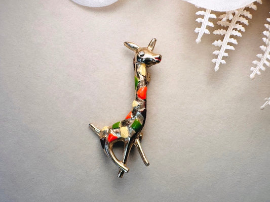 Vintage Giraffe Brooch, 1960s Safari Pin with Orange Yellow + Green Accents