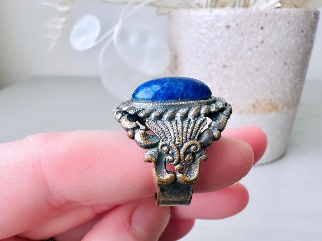 Vintage Lapis Lazuli Ring, Oversized Gemstone Ring, Blue Stone Ring, Natural Blue Ring, Pyrite Flecks, Bohemian Boho Big Ring Size 7