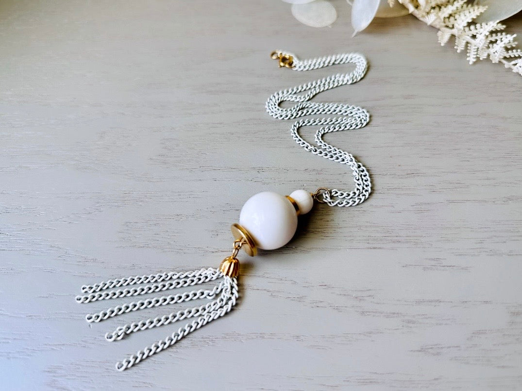 Vintage White Tassel Necklace, 1970s Vintage Matte White Enameled Gold Chain Necklace with Sphere Pendant with Tassels, Great For Layering