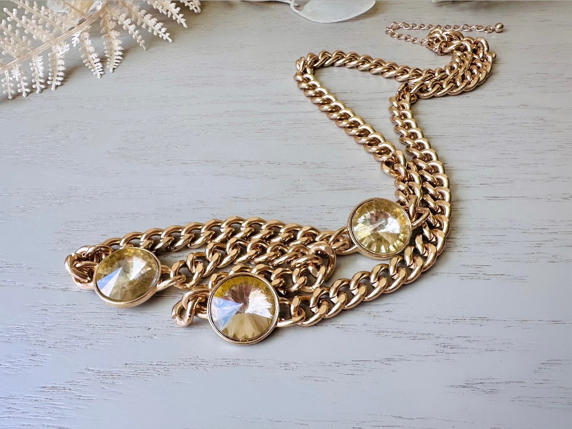 Gold Vintage Lariat Chain Necklace with Triple Stone Swarovski Rivoli Crystals, Layered Look Bold 80s Mogul Style