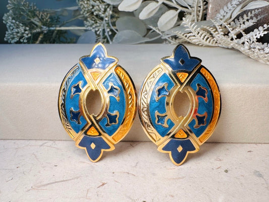 Blue and Gold Etruscan Earrings, Vintage Berebi Enamel Earrings, Grecian Oversized Statement Earrings