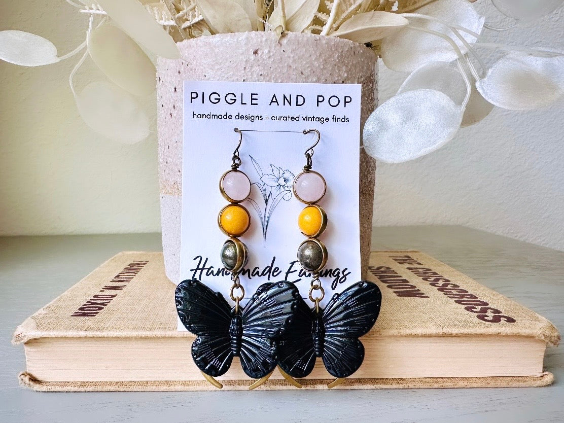 Gemstone Butterfly Earrings, Whimsical Boho Handmade Earrings, Rose Quartz Yellow Jade & Pyrite Orbs in Bronze Frames Black Butterfly Moon