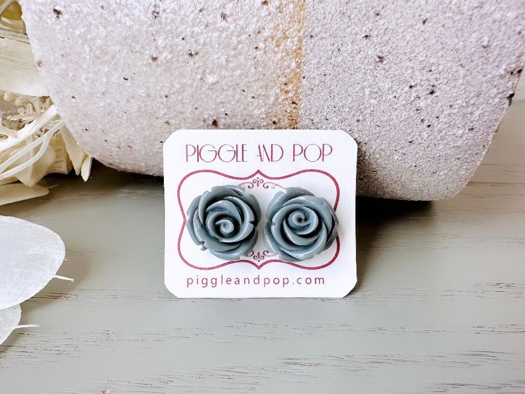 Grey Rose Earrings, Big Flower Earrings, Large Rose Stud Earrings, Resin Cabochon Rosettes, Charcoal Grey, Floral Gray Bridesmaid Jewelry