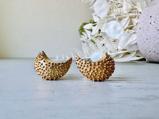 Gold Vintage Designer Earrings, Textured Gold Moon Earrings, Classic Crescent Clip On Earrings Signed BSK 60s Designer Vintage Jewelry