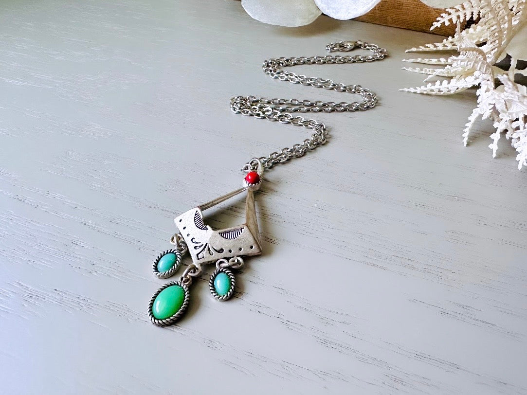 70s Vintage Long Silver Charm Necklace, Silver Tone Southwestern Necklace with Turquoise and Red Stones, Beautiful Vintage Pendant Necklace