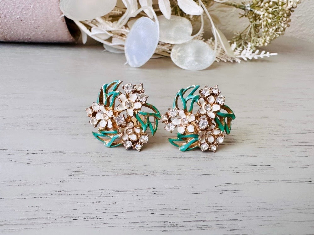 Vintage Enamel Flower Earrings, 1940s Charel Gold Floral Earrings w Green & Cream Painted  Flower Clusters, Clip On Designer Signed Earrings