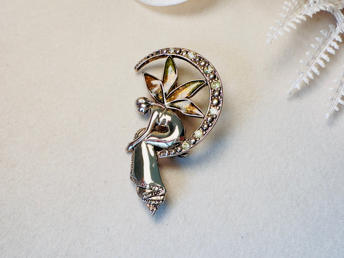 Vintage Liz Claiborne Enameled Fairy & Crescent Moon Brooch Pin