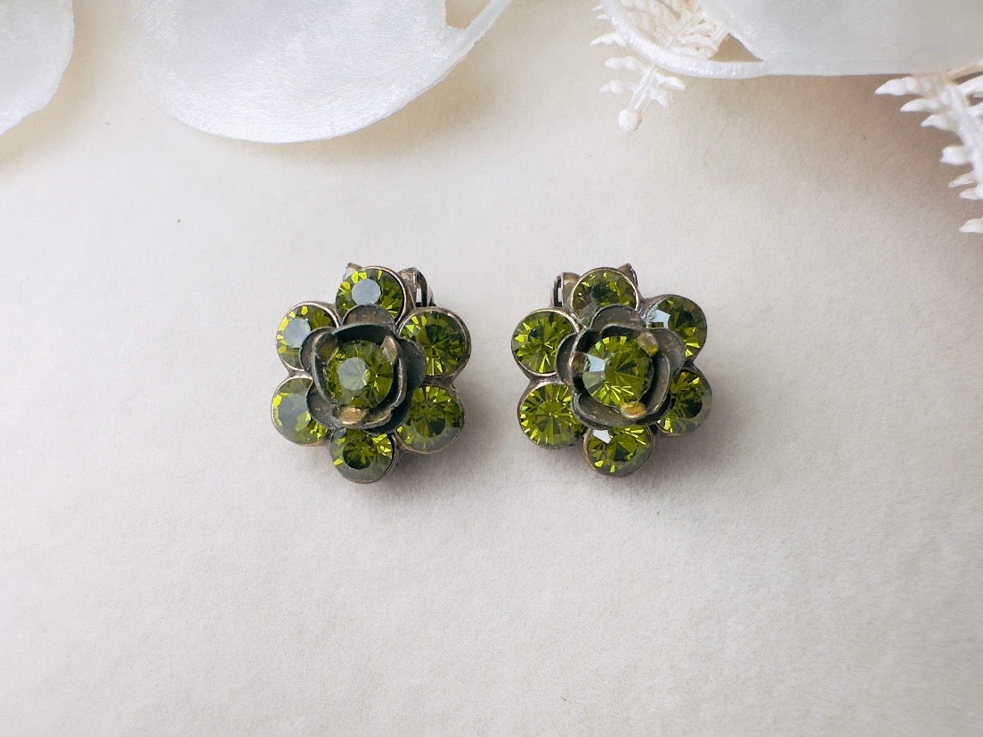 Green Rhinestone Flower Earrings, Small Vintage 1960s Olive Green Crystal Clip On Earrings