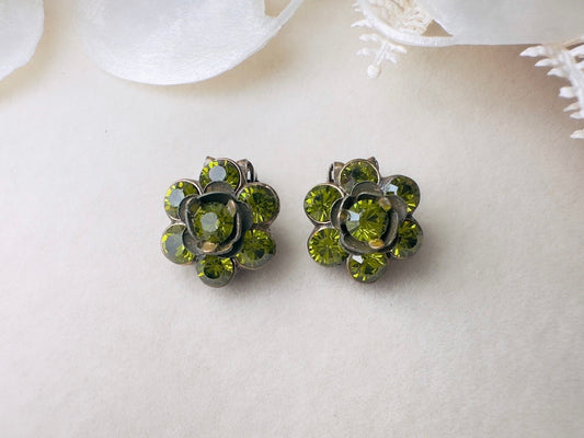 Green Rhinestone Flower Earrings, Small Vintage 1960s Olive Green Crystal Clip On Earrings