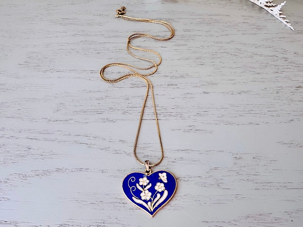 Blue Heart Necklace, Vintage Cobalt Blue Heart Pendant Necklace with White Flowers