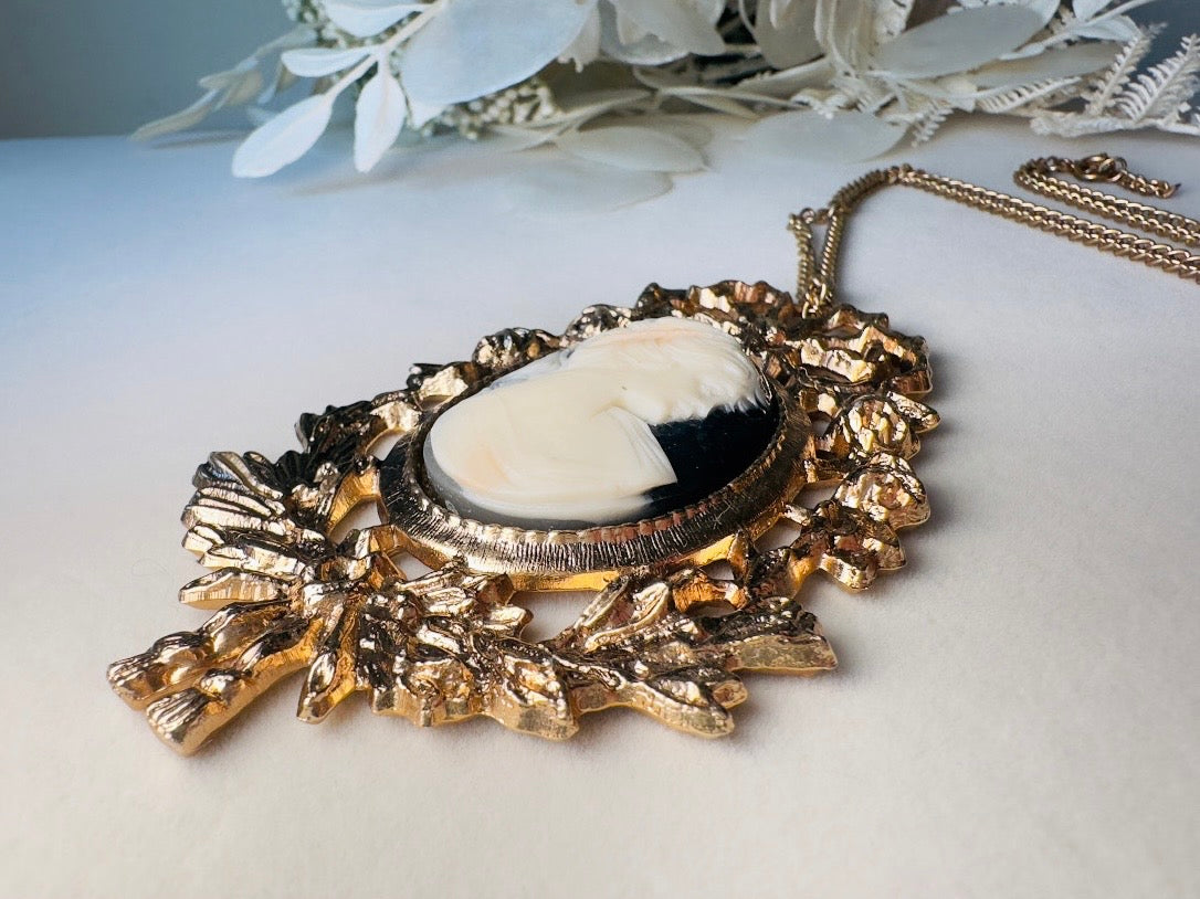 Victorian Cameo Necklace, Vintage Oversized Antique Gold Pendant Necklace with Black and Cream Cameo