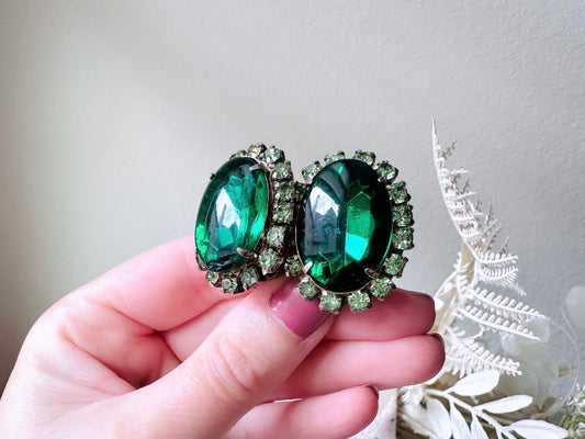 1950's Green Cocktail Earrings, Vintage Green Earring Clip Ons, Gorgeous Party Rhinestone Earrings with Oversized Oval Green Glass Cabochon