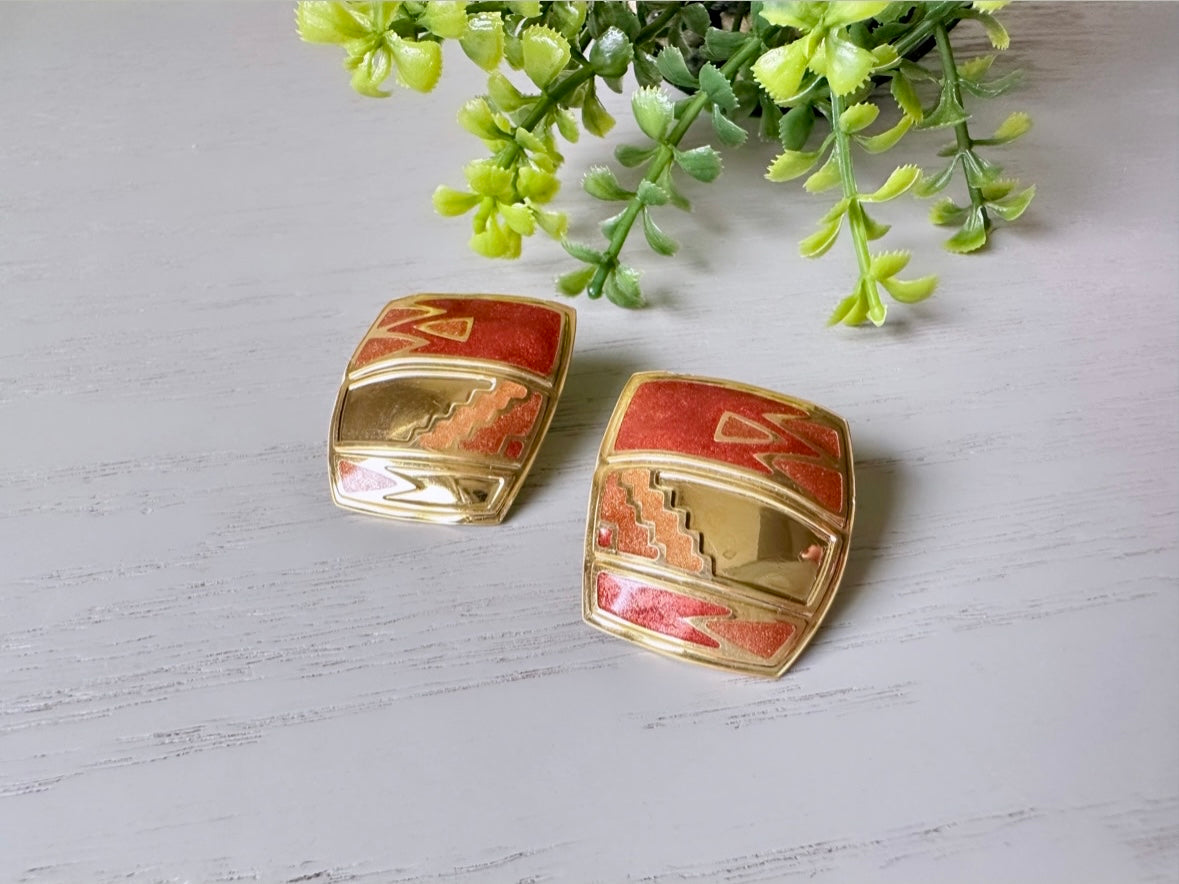 Cowboy Copper + Gold Vintage Berebi Earrings, Geometric 80s Square Earrings, 1980s Designer Earrings, Funky Pierced Enamel Square Earrings