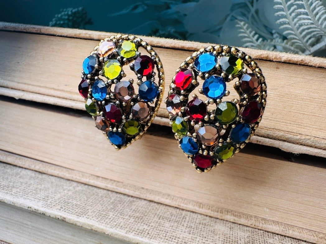 Vintage Rainbow Earrings, Colorful 60s Crystal Inverted Teardrop Clip Ons, Gorgeous Rhinestone Cocktail Earrings, Unique Statement Earrings