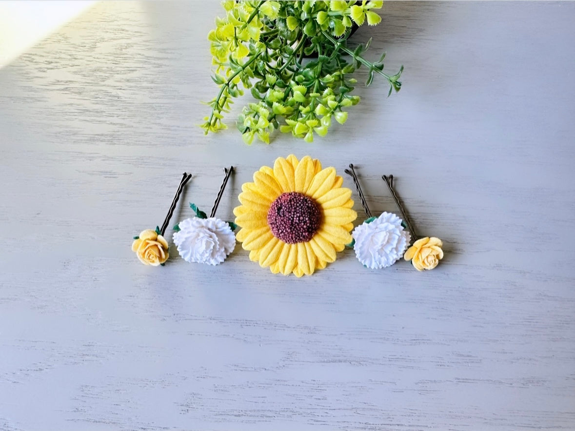 Yellow Flower Hair Pin Set, Yellow Sunflower Bobby Pin with White Carnation + Yellow Rose  Hair Flowers, Sunny Handmade Hair Accessories