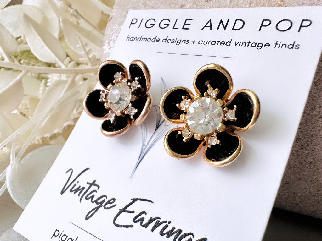 Black Rhinestone Flower Earrings, Vintage Gold Set Earrings Black Enamel Petals & Diamond Centers, Screwback Earrings for Nonpierced Ears