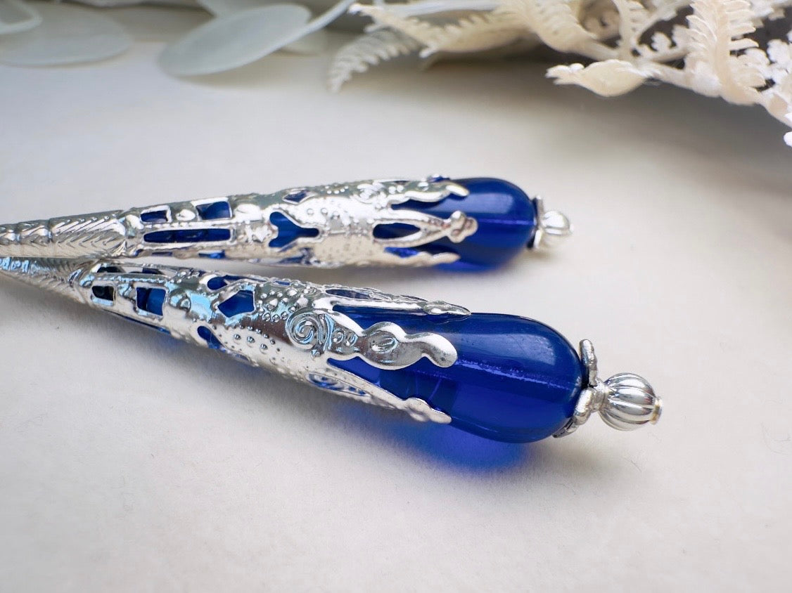 Blue Teardrop Earrings, Long Handmade Cobalt Blue Czech Glass Beaded Drop Earrings with Victorian Silver Filigree Cones