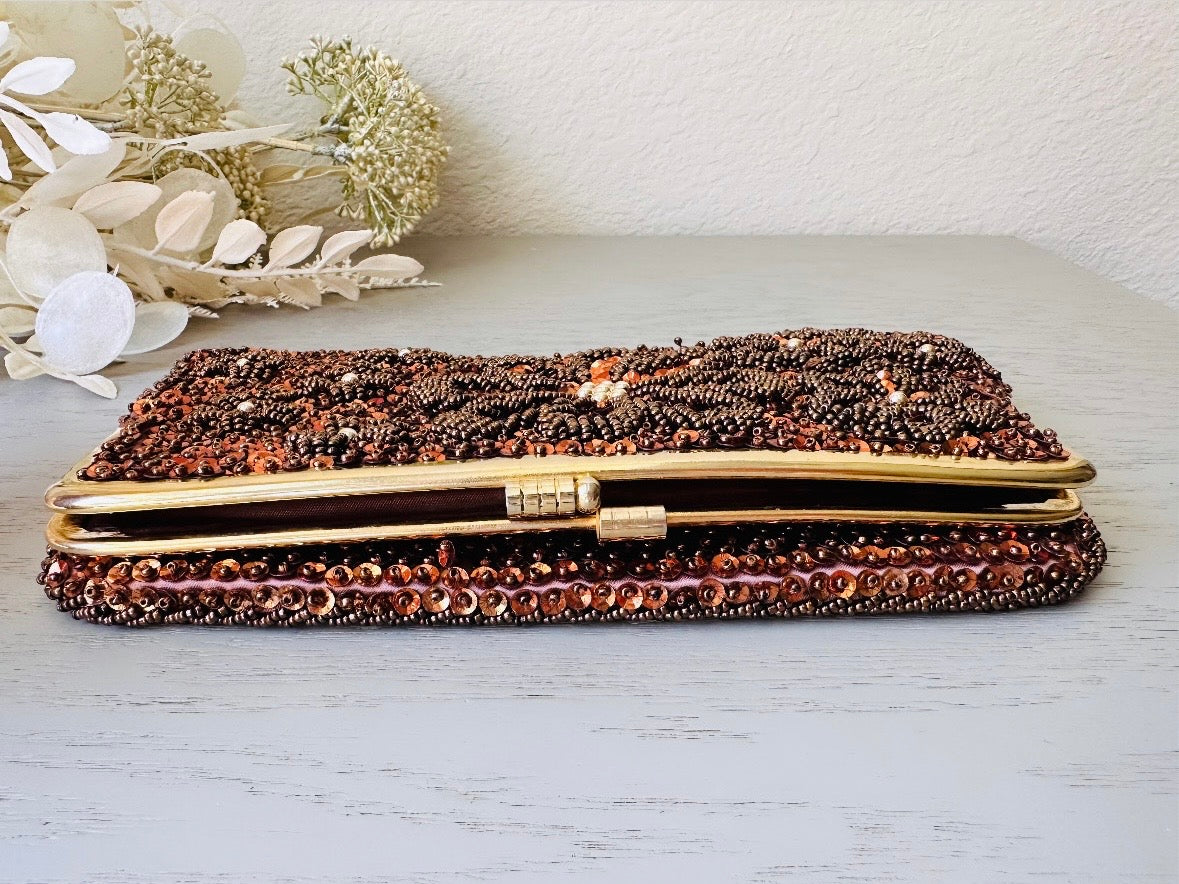 1950s Sequin Clutch, Gorgeous Fully Beaded Floral Evening Bag, Vintage Clutch in Bronze and Coffee Brown with Beaded Flowers, Fold Over Gold